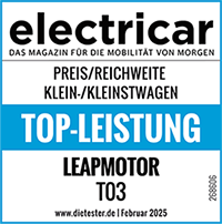 Leapmotor T03 überzeugt im Magazin electricar mit Top-Leistung bei Preis und Reichweite in der Kategore Klein- und Kleinswagen.